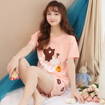 

Pajama girl summer short sleeve loose lovely fresh cartoon Korean bear girl student home wear set factory direct sales
