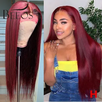 

Beeos Pre Plucked Red Burgundy 99J Color 13*6 Lace Front Human Hair Wigs Bleached Knots Remy Straight Brazilian Wig For Women