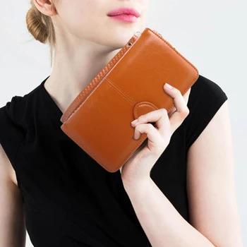 

Fashion PU Leather Long Purse Bag Pouch Wallet Oil Wax Leather Long Clutch Wallet RFID Blocking Credit Card Holder