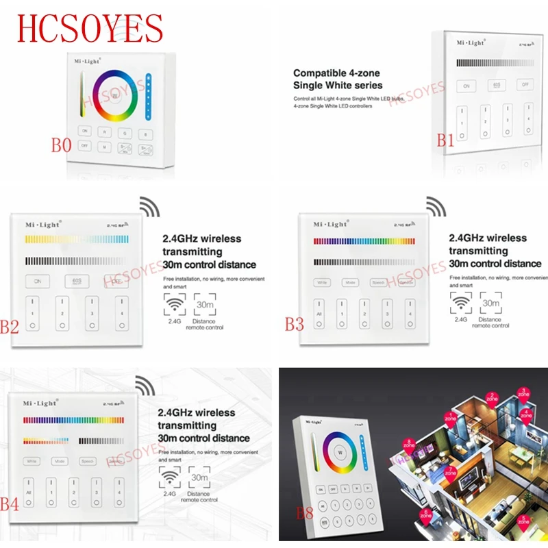 Milight B0 B1 B2 B3 B4 B8 4-Zone 8 Zone 2,4 GHz беспроводная wifi Сенсорная панель диммер/RGBW/RGB+ CCT светодиодный умный пульт дистанционного управления