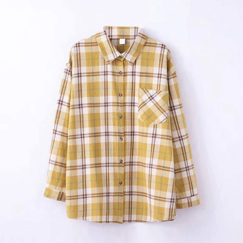 Women Long Sleeve Plaid Blouse Causal Shirts Office Turn Down Collar Fashion Shirt Plus Size Loose Pocket Blouse Haut Femme