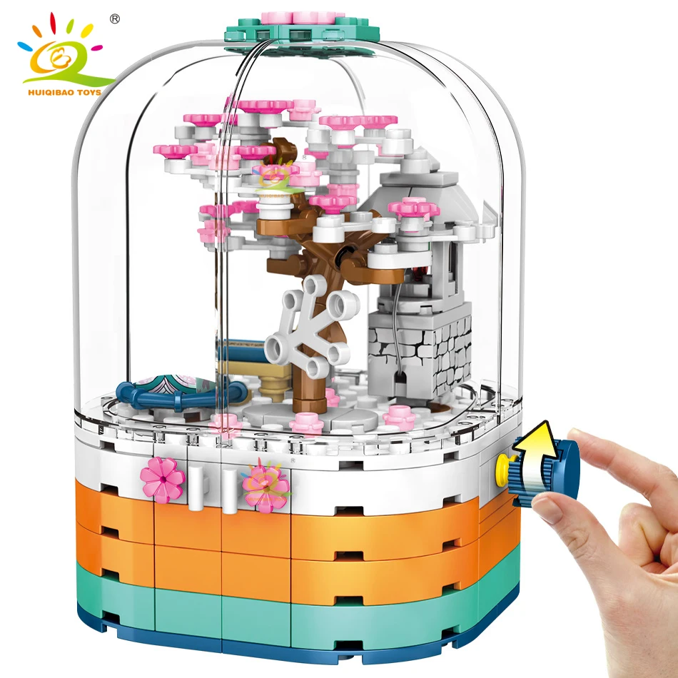 

HUIQIBAO 259PCS Sakura Cherry tree Building Blocks set Rotatable box Bricks City Construction Toy For Children Friends gift