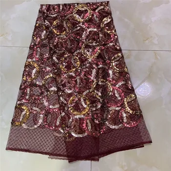 

2020 pink Nigerian Lace Fabric gold wine red High Quality Lace French Tulle Lace Fabric With Sequins Party African Lace Material