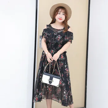 

Women's summer chiffon printed one-shoulder dress plus size calf length casual wear 100 kg can be worn