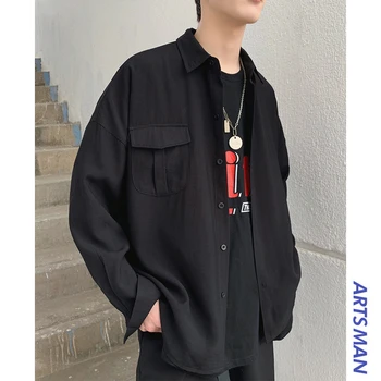 

Mens Casual Korean White Shirt 2020 Mens Harajuku Pockets Cargo Shirts Long Sleeve Male White Cotton Button Up Shirt