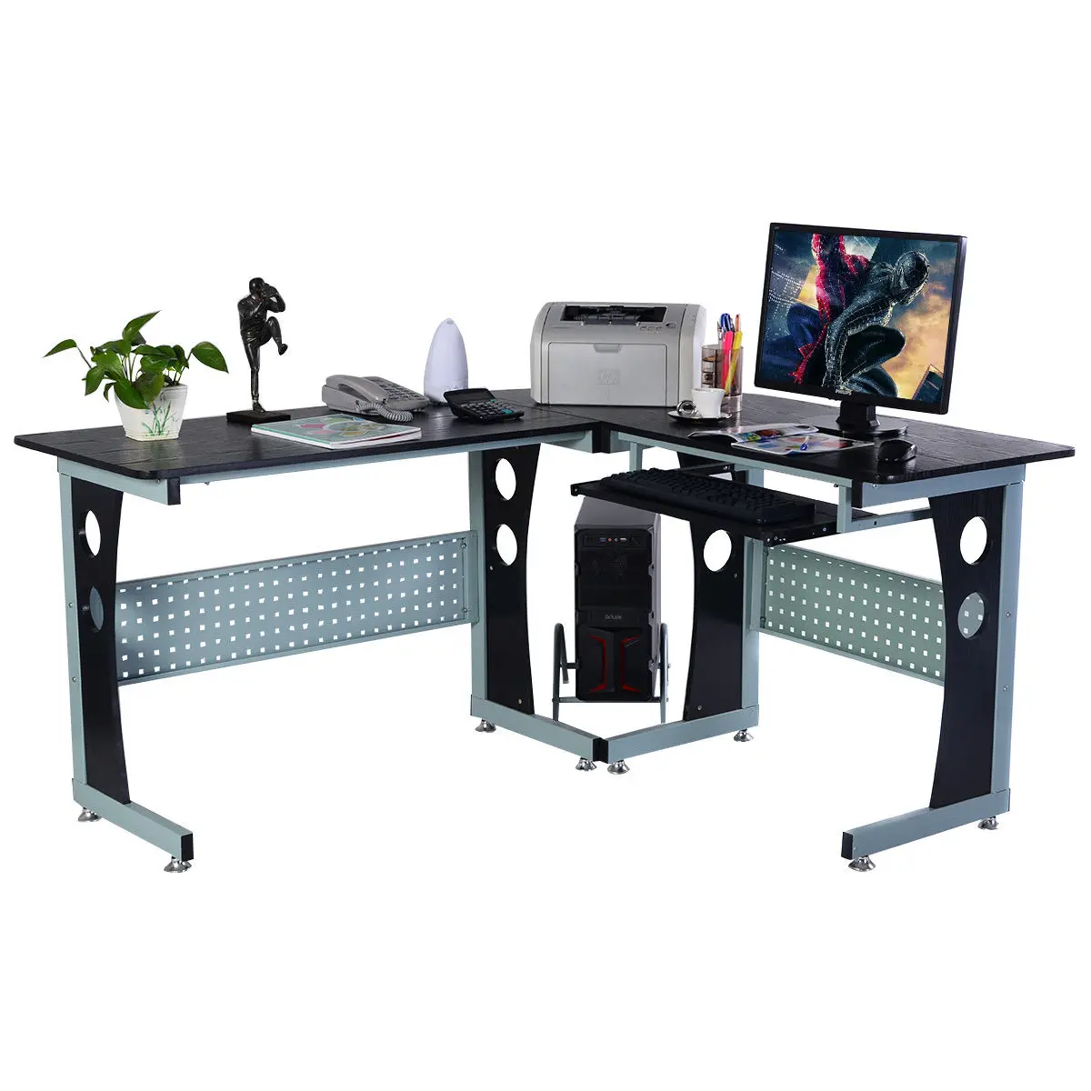 

COSTWAY Wood L-Shape Corner Computer Desk PC Table Workstation Home Office Black