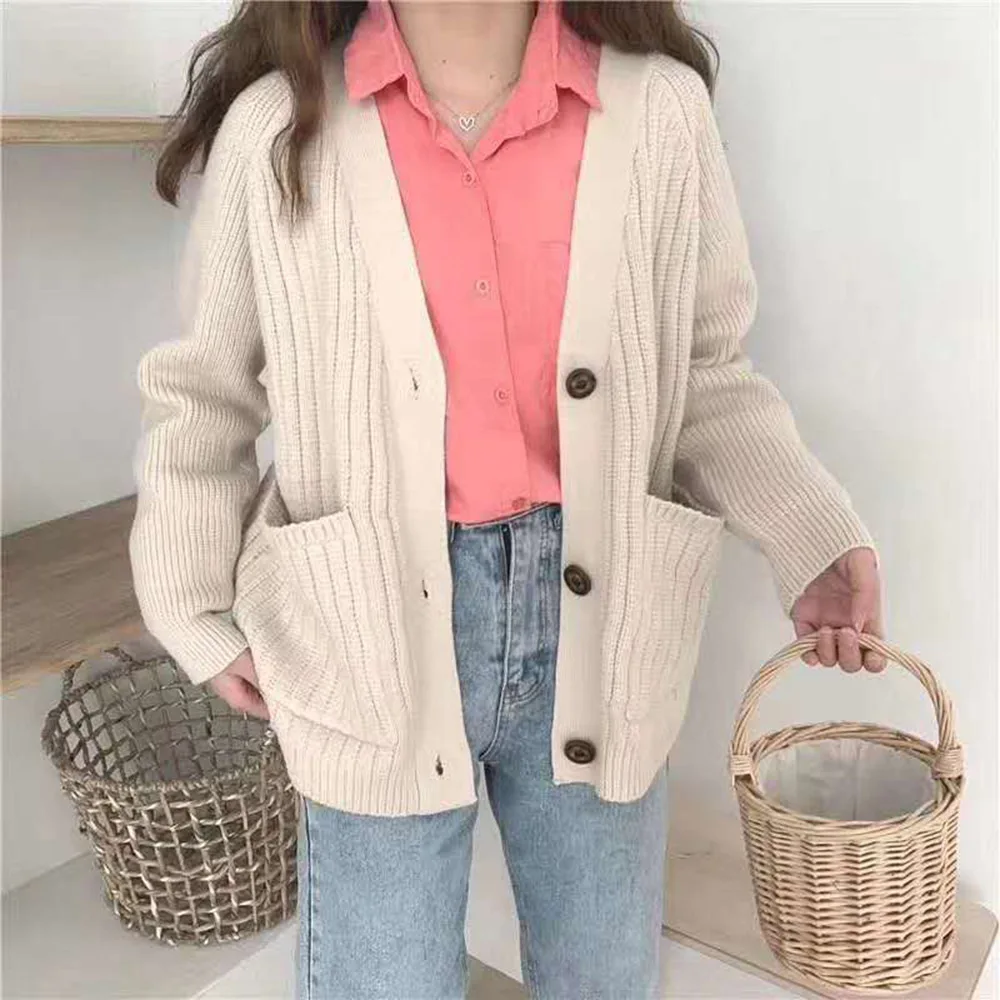 

Women Versatile Sweater Coat 2020 Autumn And Winter Long-sleeved Solid Loose Short Knitted Cardigan Simple Fashion Casual Retro
