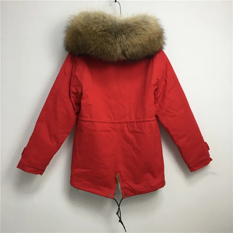 puffer coat with fur hood Women clothes red short winter coat real rabbit fur lining warm parka genuine leather raccoon fur collar long puffer coat