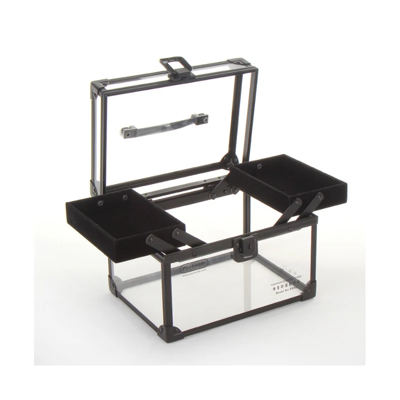 

High quality professional empty makeup storage box cosmetic case travel portable hand strap lock transparent double suitcase