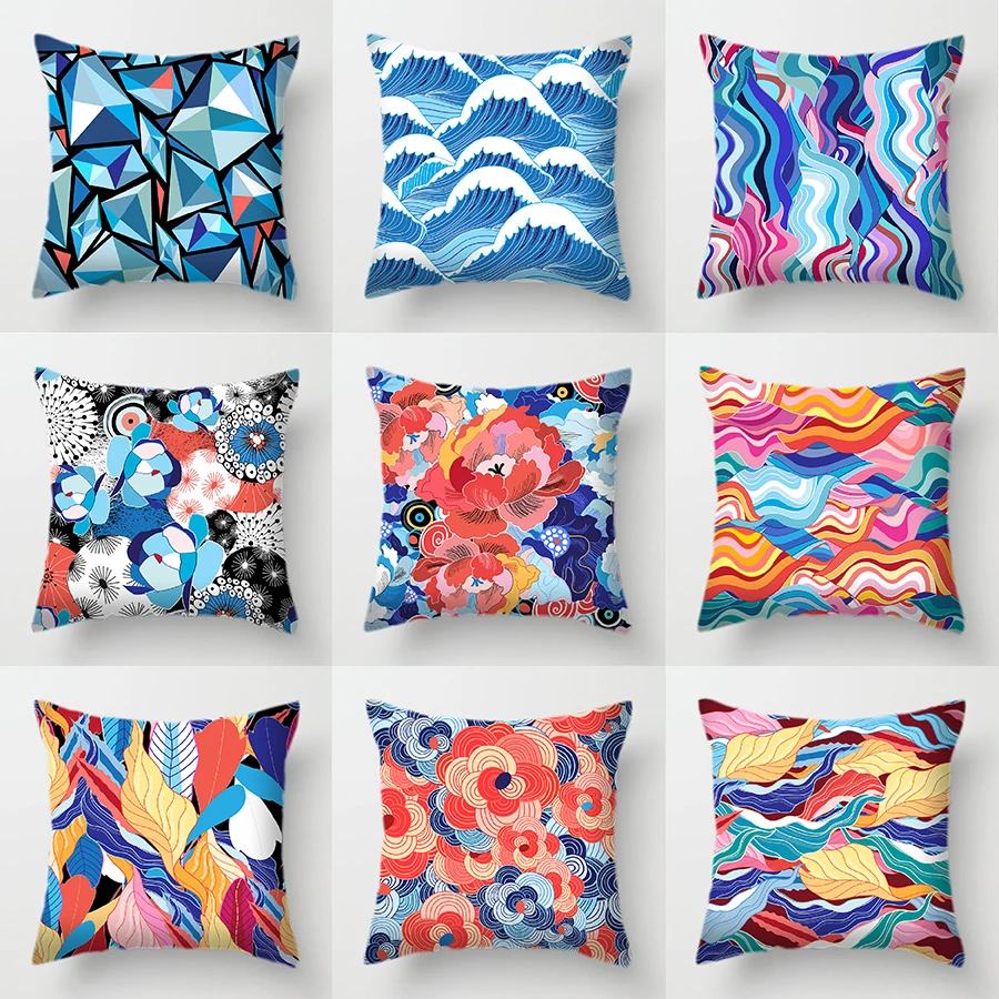 

Double-sided Printing Polyester Decorative Pillows Case Flower Sea Bird Butterfly Designer Blue Geometric Cushion Cover for Sofa