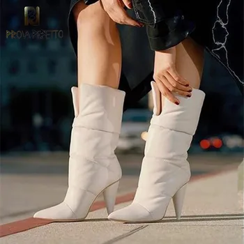 

Prova Perfetto White Quilted Leather Women Ankle Boots Sexy Pointy Toe Ladies Slip On Fringer Heel Boots Deep V Front Boots