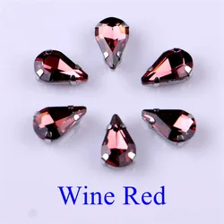 Elegant Teardrop Glass Rhinestone Embellishments with Silver Metal Base - 20 pcs/pack - 8x13mm (Wine Red)