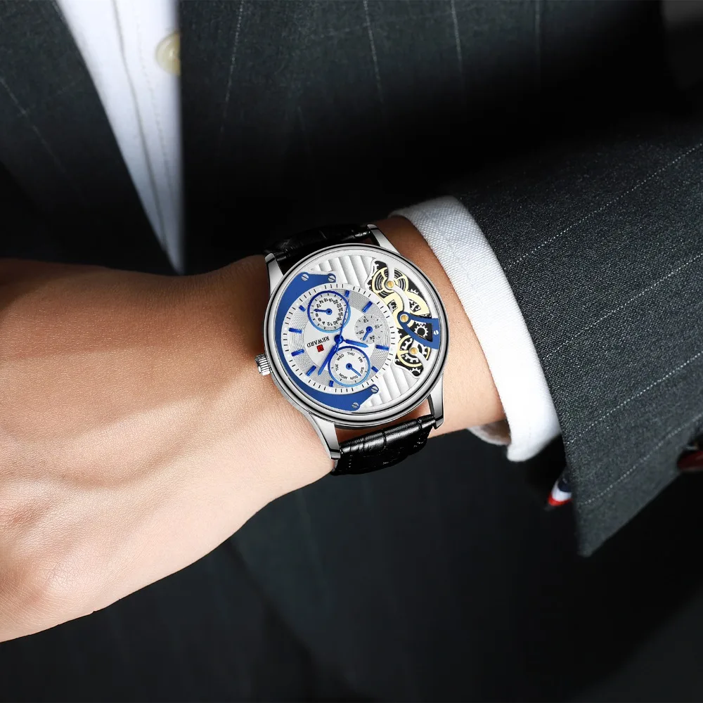REWARD Hollow Design Big Dial Leather Strap Luxury Quartz Watches