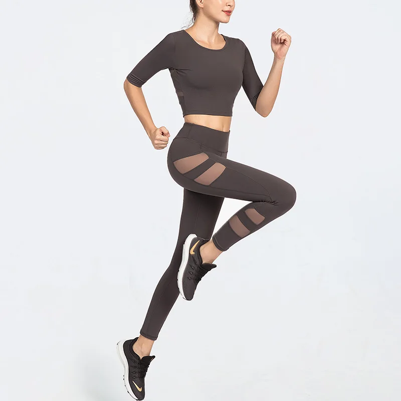 Yoga Set Women Seamless Fitness Sports Suits Five-point sleeve Fashion Shirts High Waist Leggings Mesh splicing Yoga Clothing