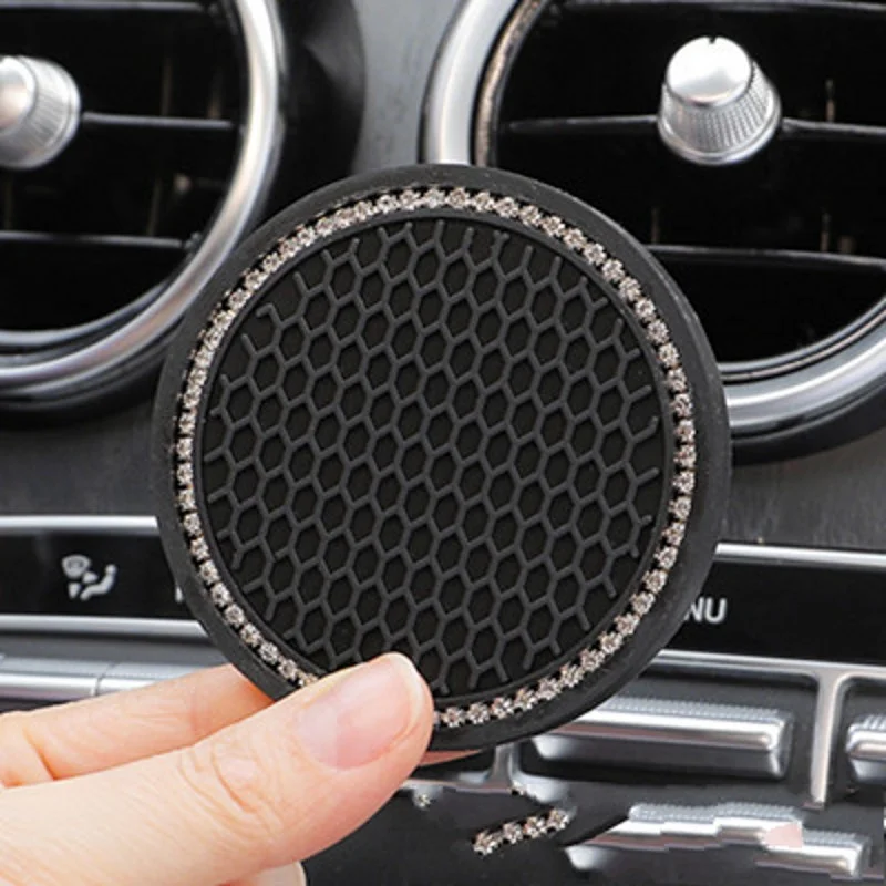 2pcs Non-slip Car Water Cup Pad Diamond Rhinestone Rubber Mat for Bottle Holder Coaster Auto Interior Anti-skid Cup Holders 7cm