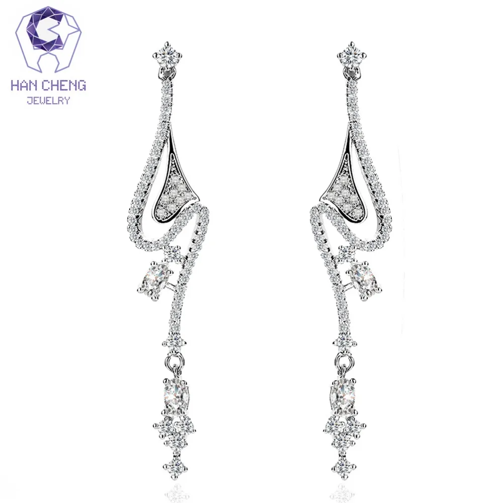 

HanCheng New Fashion Luxury Silver Plated Dangle Hanging Gem Stone CZ Zircon Long Drop Earrings For Women Jewelry brincos bijoux