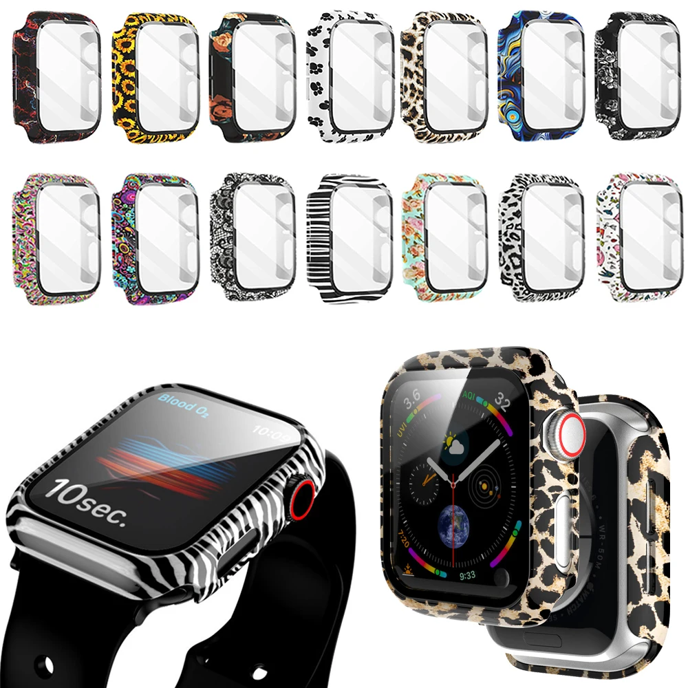 Glass+Cover for Apple Watch Case 44 40 42 38mm Bumper+Screen Protector for iWatch SE 6 5 4 3 2 1 Fashion Water Pattern