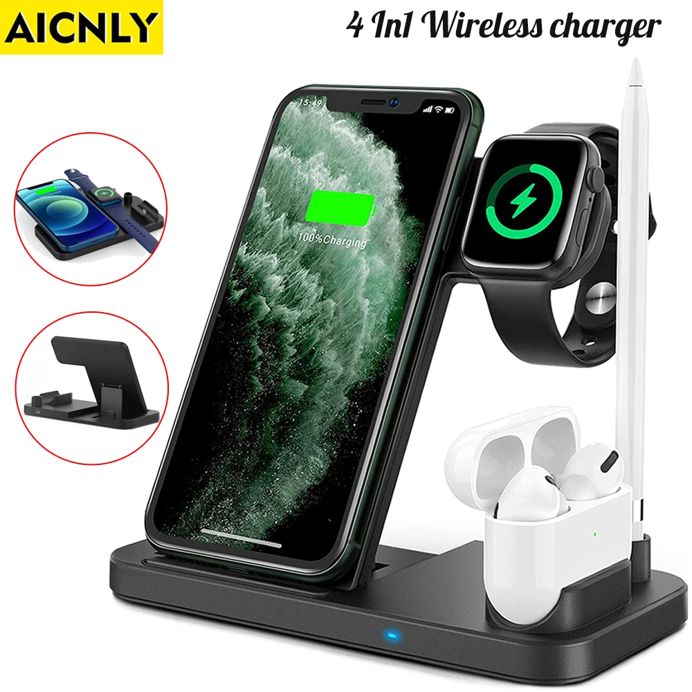 15W 4 in 1 Fast Wireless Charger Stand For iPhone 12 11 XS XR X QI Foldable Charging Dock Station For Apple Watch Airpods Holder