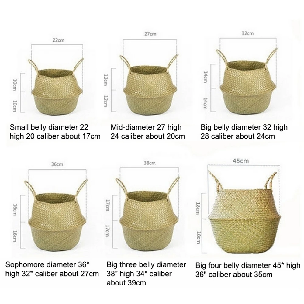 Handmade Storage Baskets Bamboo Foldable Laundry Straw Patchwork Wicker Rattan Seagrass Belly Garden Flower Pot Planter Basket