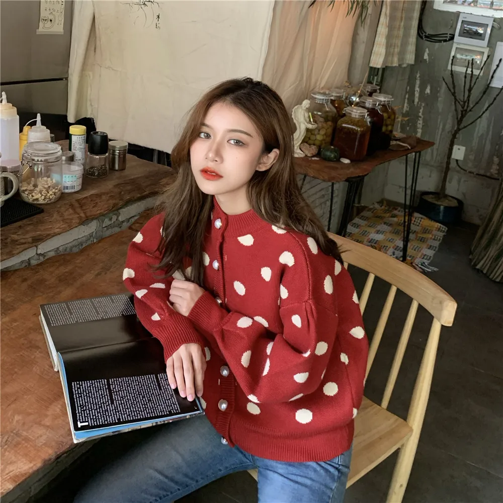 Woherb, милый женский кардиган в горошек,, осень, зима, Harajuku, винтажный свитер, пальто, корейский стиль, вязанный джемпер, топы, Sueter