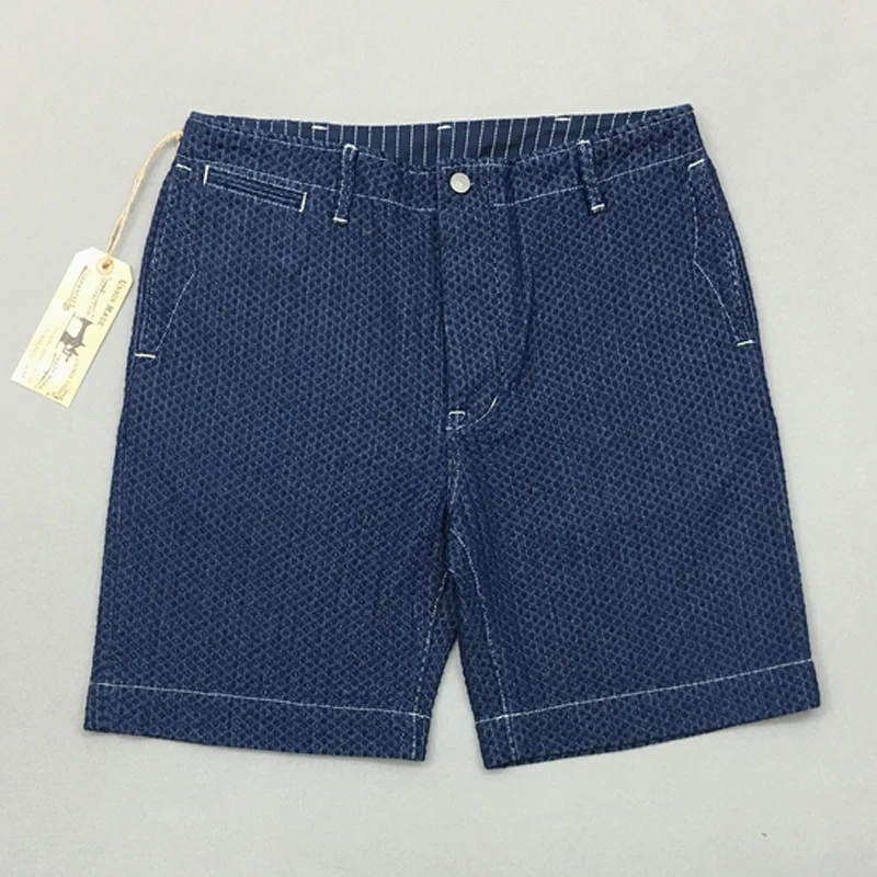 BOB DONG Wabash Denim Shorts For Men Vintage Indigo Workwear Knee Length Sashiko