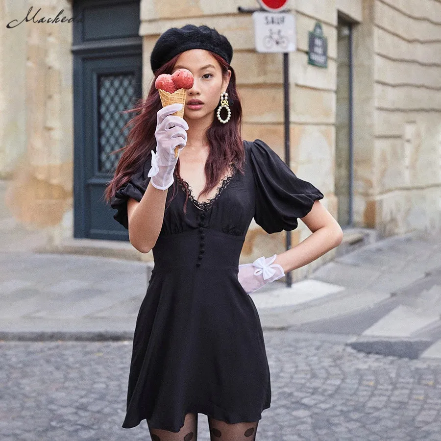 

Macheda Gothic Black Party Dress Women Elegant A-line Mini Short Sleeve V-neck Dress Lady Casual Streetwear Dress 2019 New