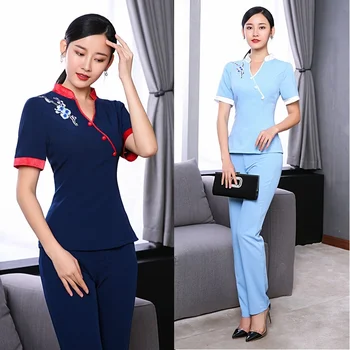 

2020 chinese style spa beauty salon uniform beautician clothes scrubs medical uniforms women spa massage beautician uniform