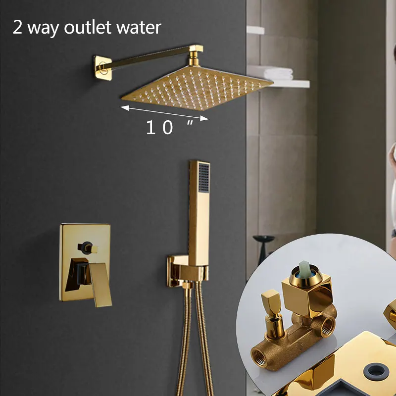 Золотое настенное крепление для ванной, дождевой водопад, смеситель для душа, набор, скрытая Душевая система, ванна, смеситель для душа, кран - Цвет: 2 way 10 inch