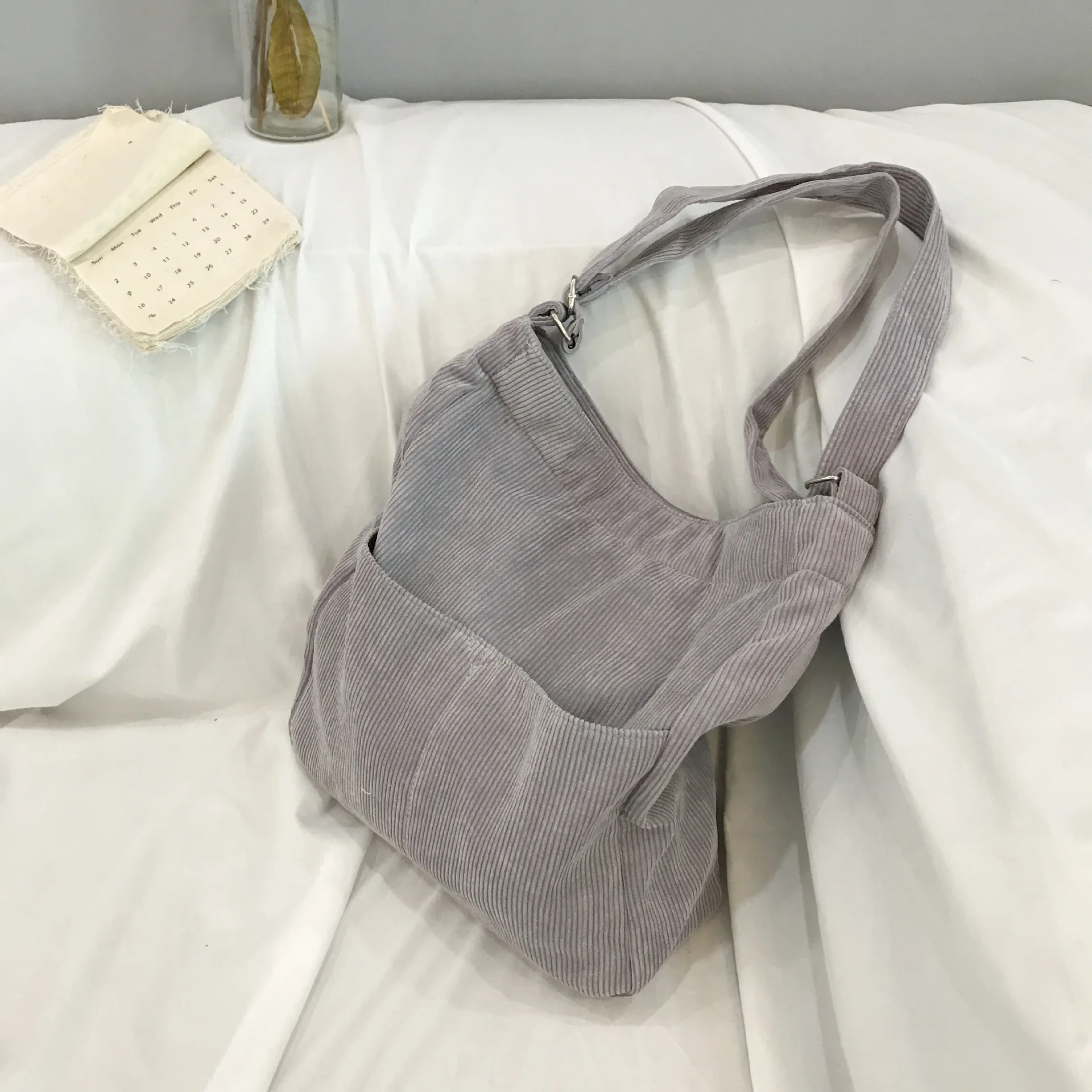 Light Gray Женская Вельветовая сумка на плечо, на молнии, большая вместительность, простой холщовый кошелек, сумки-мессенджеры, Женские однотонные сумки из мягкой ткани, большие сумки - Цвет: Light Gray