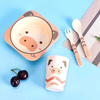 

5pcs Baby Tableware Set Food Feeding Bamboo Fiber Cup Outdoor Plate Bowl Spoon Picnic Cute Cartoon Portable Dish Kids Dinnerware