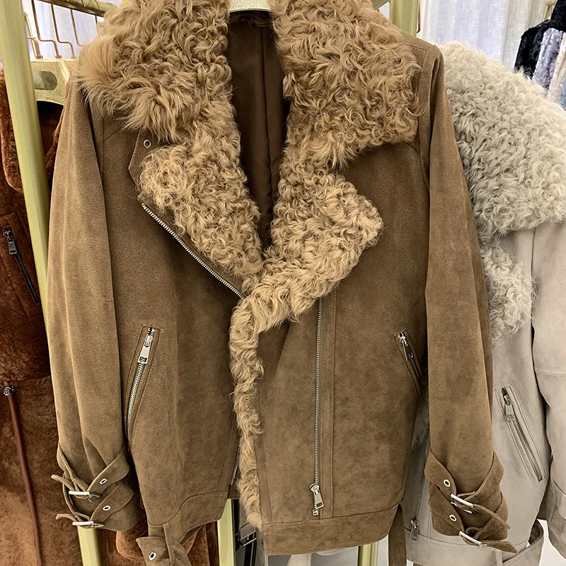 Suede Camel Rf2051 Женская куртка из натуральной кожи с натуральным мехом ягненка, пальто Авиатор, модное зимнее замшевое пальто с поясом - Цвет: Suede Camel