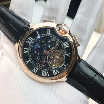 

Rose gold case black dial Skeleton luxury men Automatic self-wind watch Glass open back 44mm 1:1 leather strap AAA quality