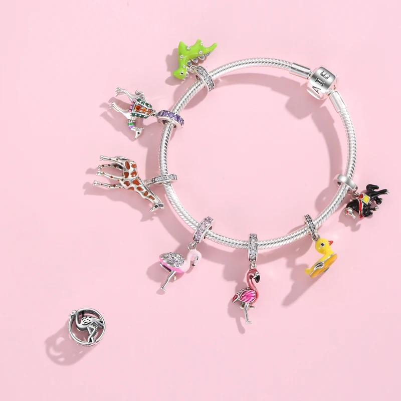 Bracelets Beads Duck Charm Flamingo Yellow 100%925-Sterling-Silver Enamel Original Jewelry-Making