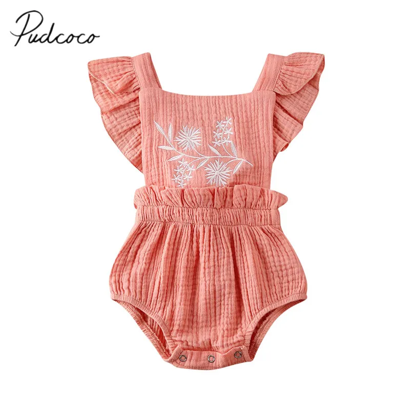 

2020 Baby Summer Clothing Newborn Infant Baby Girls Bow Ruffle Bodysuit Cotton Linen Playsuit Embroidery Floral Jumpsuit Outfits