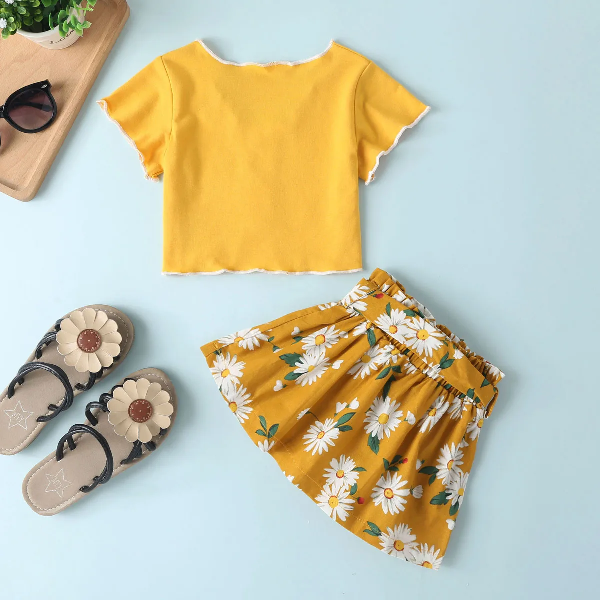 Комплекты одежды для маленьких девочек из 2 предметов желтые однотонные топы с короткими рукавами, футболка+ юбка с цветочным рисунком, комплекты O-4Y
