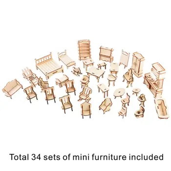 

New Arrival 185 Pieces Wooden Dollhouse Furniture Set Mini Puzzle Furniture Package 3d Wooden Three-Dimensional Puzzle
