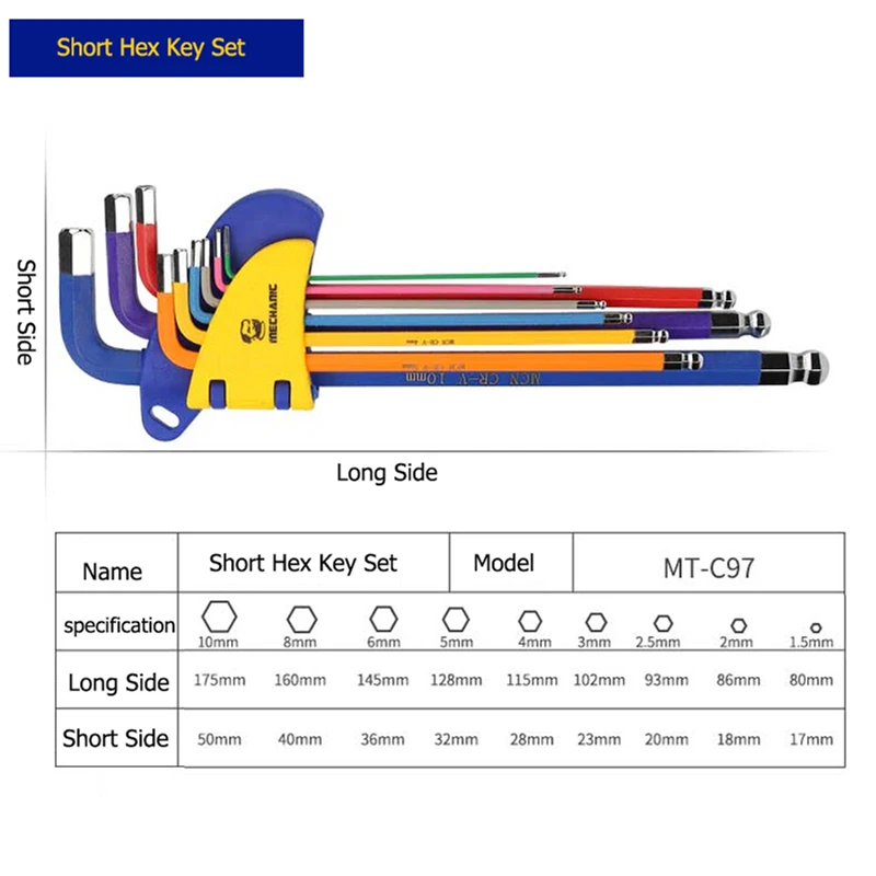 Механик 9 шт. длинные/Короткие руки шариковая точка шестигранный ключ набор Высокое хром ванадиевой стали ремонтные инструменты мощный тип - Цвет: Short Hex Key Set