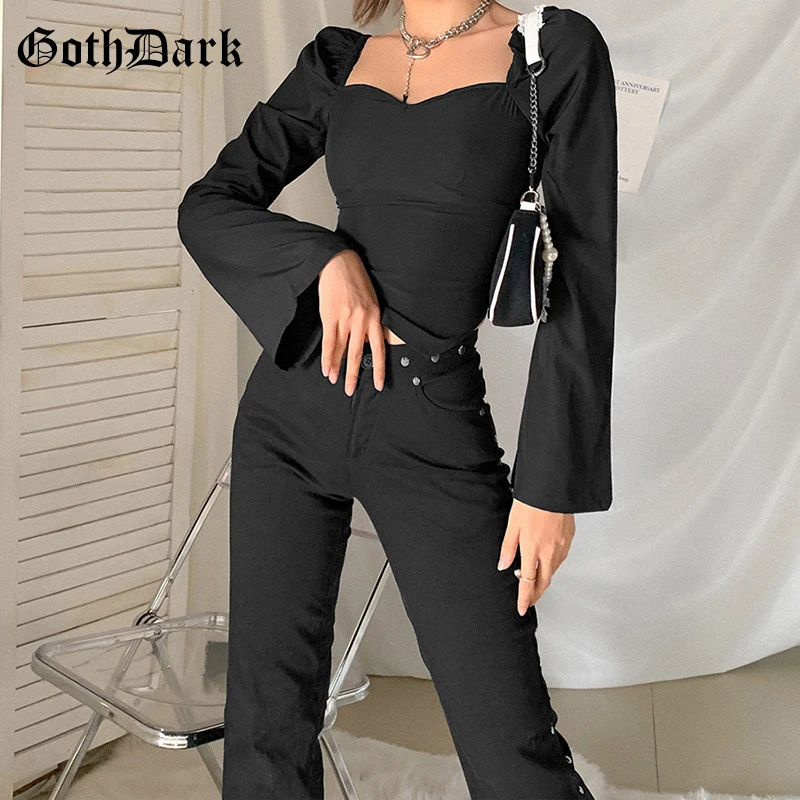 Goth Dark Gothic Patchwork Black Long Sleeve T-shirts Punk Style Square Neck Bodycon Women Autumn Crop Tops Fashion Streetwear