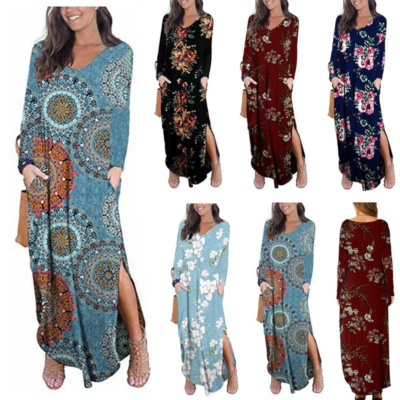 

2020 New Spring Women Long Sleeve Maxi Casual Beach Style V-Neck Print Irregular Split Dress Loose waist Basic Cotton