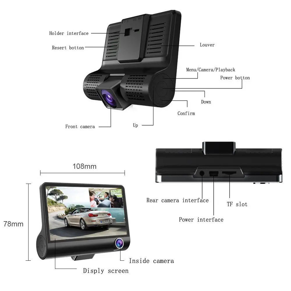 Podofo Car DVR 3 Cameras Lens 4.0 Inch Dash Camera Dual Lens With Rearview Camera Video Recorder Au