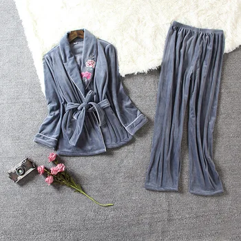 

Grey Coral Fleece Kimono Robe Sleepwear Women Bathrobe Gown Home Clothes Nightwear Loose Casual Homewear Nightgown Nightdress