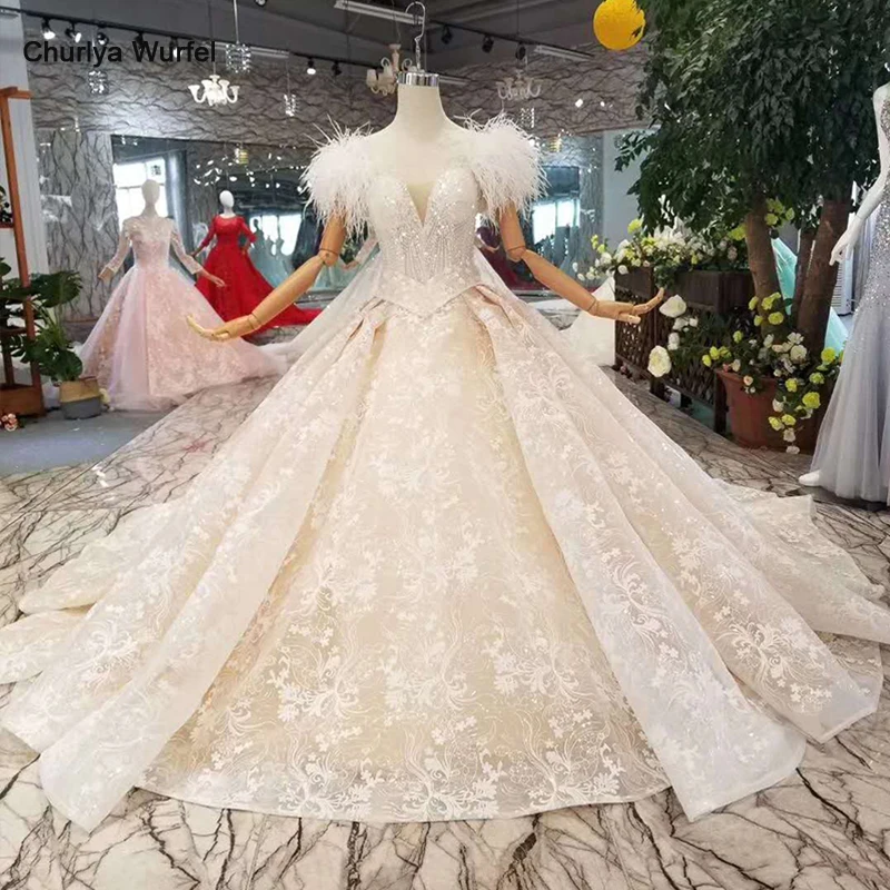 

LS11006 Ostrich feather wedding dresses with belt 2019 new design appliques shiny lace wedding gowns with sashes free shipping