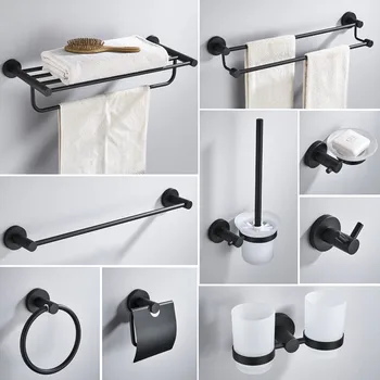 

Black Bathroom Accessories Set Paper Holder Toilet Brush Holder Towel Rack Coner Shelf Bathroom Hardware Set 304 Stainless Steel