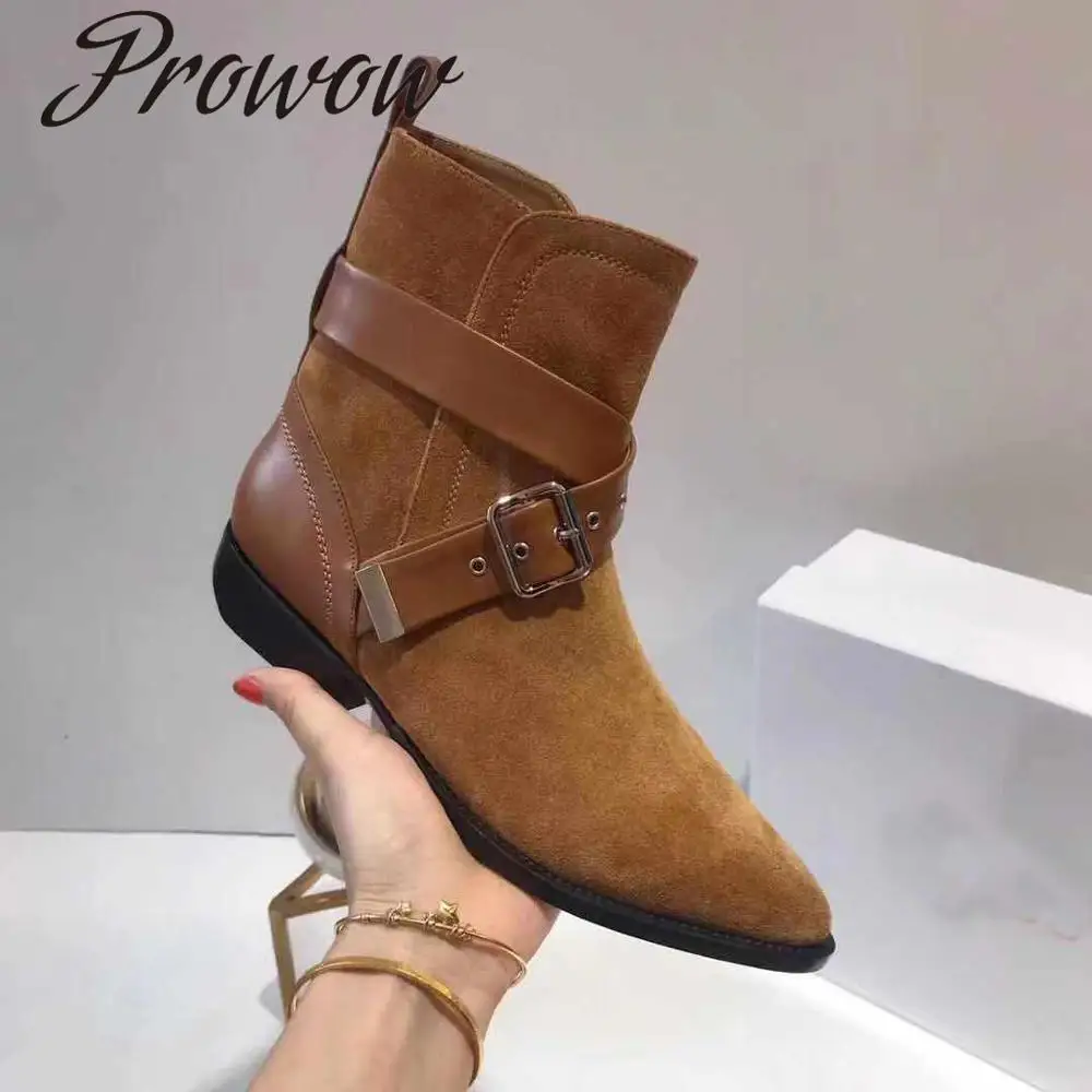 

Prowow New Genuine Leather Khaki Slip On Women Ankle Boots Sexy Pointed Toe Slip On Thick Heel Low Heel Autumn Winter Boots Shoe