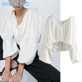 

Withered england high street lantern sleeve loose vneck solid blusas mujer de moda 2020 sexy short shirt womens tops and blouses