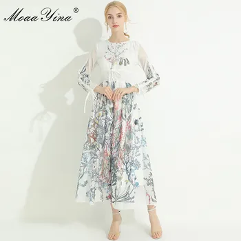 

MoaaYina Fashion Designer dress Spring Lace up Women's Dress Long sleeve Floral-Print Slim Elegant Dresses