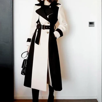 

HAMALIEL Korean Autumn Winter Women Tweed Thicked Warm Overcoat Fashion Woollen Double Breasted Patchwork Long Sashes Wool Coat