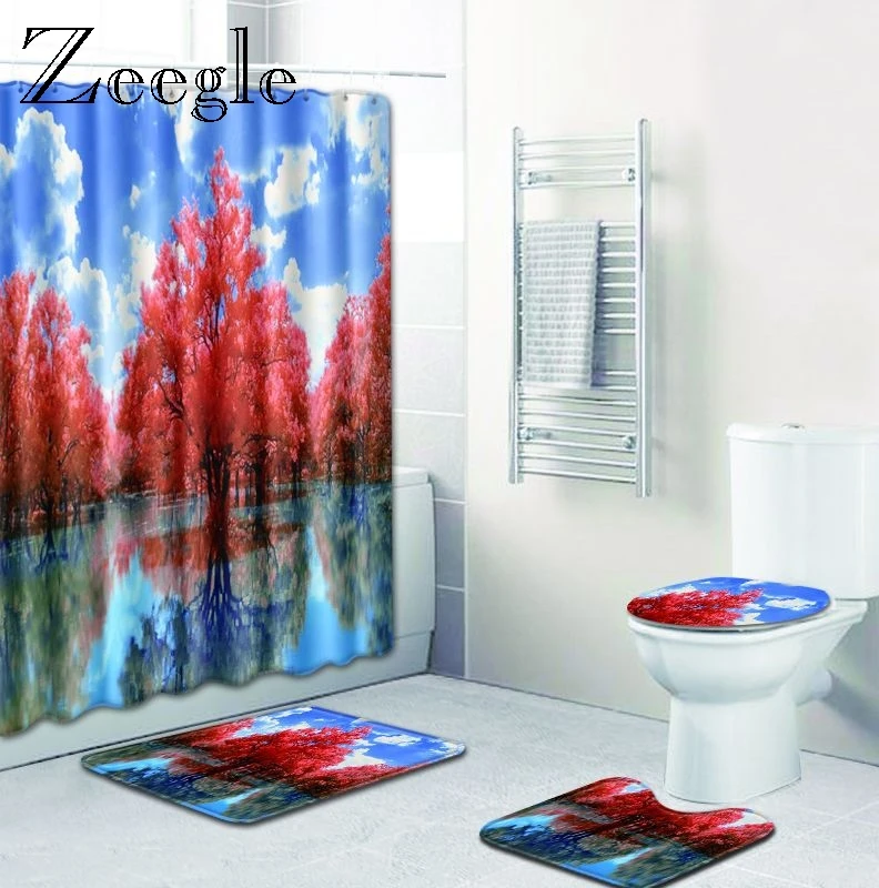 Zeegle 3D Printed Scenic Bathroom Mat Set 4pcs Shower Curtain Set Anti-slip Toilet Doormat Shower Mat Lid Toilet Cover Rug