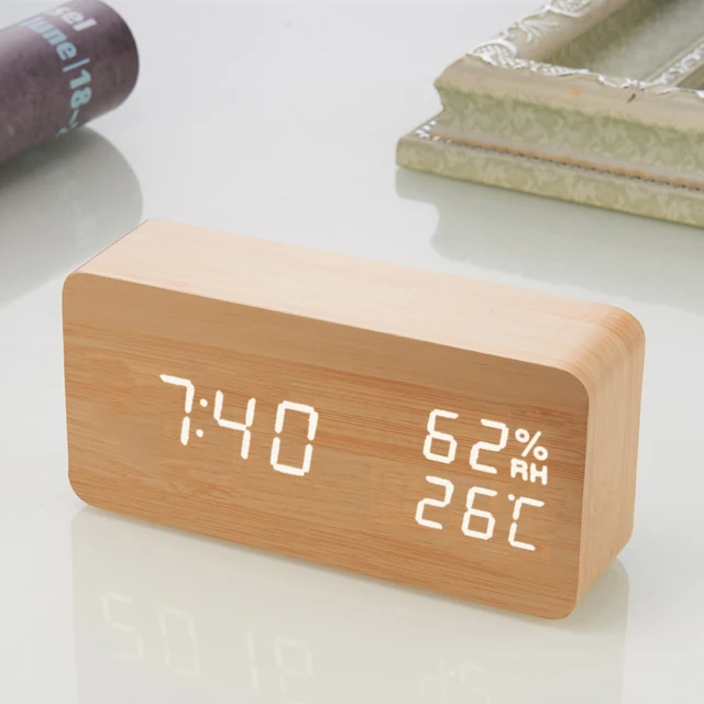 D2 Alarm Clock Digital LED Wooden Watch Table Voice Control Wood Despertador Snooze Time Temperature Display Desktop Clocks Gift 1