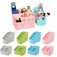 Plaited Organizer Makeup Storage Box Cosmetics Desk Holder Plastic Rattan for Home Office Phone Remoter Four Five Checks 1